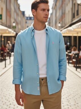 Polo Ralph Lauren Linen Blue Button-Down Shirt with Pink Polo Logo